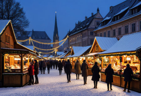 Traditional European Christmas market at twilight, with wooden stalls, twinkling lights, and a gentle snowfallの素材