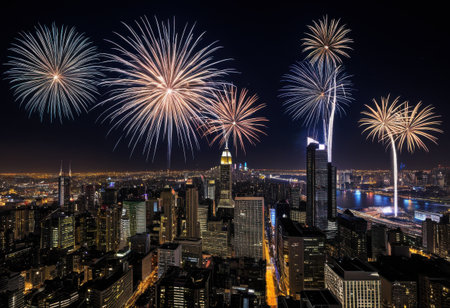 Stunning New Year's Eve fireworks display over a city skyline, captured at the stroke of midnightの素材