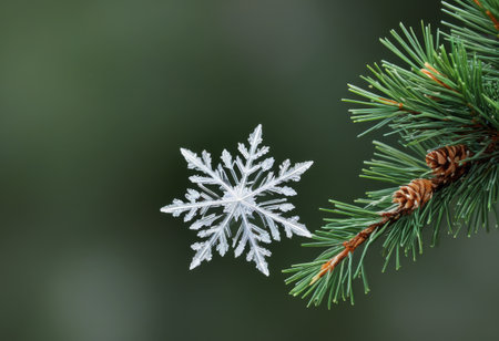 Single decorative snowflake landing on the tip of a pine branchの素材