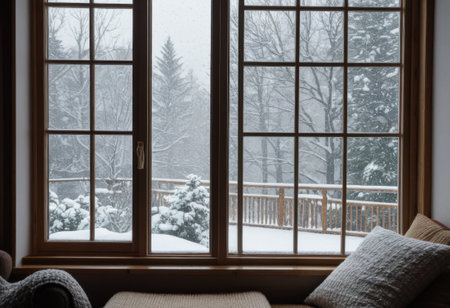 Cozy window view from inside, showing heavy snow falling outside and a warm, inviting interiorの素材