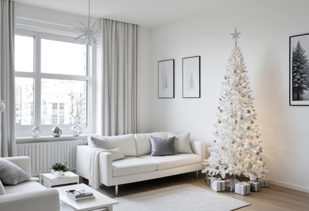 Minimalist white Christmas tree with silver and crystal ornaments, modern apartment settingの素材