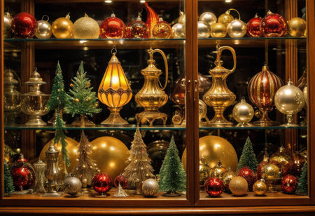 Antique Christmas ornaments from the 1920s displayed in a glass cabinet, warm ambient lightの素材
