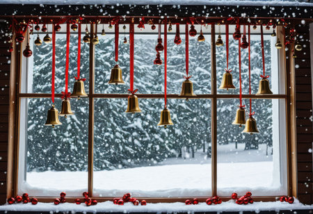 Festive window display with hanging stars, bells, and red ribbons against snowy backdropの素材