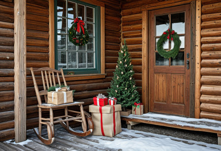 Rustic Christmas scene: gifts in paper packaging, wooden sled, and pine wreath by a cabin doorの素材