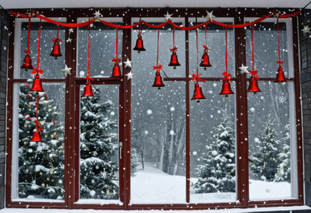 Festive window display with hanging stars, bells, and red ribbons against snowy backdropの素材
