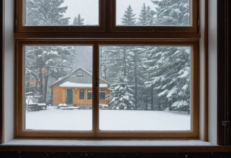 Cozy window view from inside, showing heavy snow falling outside and a warm, inviting interiorの素材