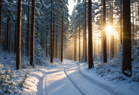 Serene, snow-covered forest path at sunrise, with light filtering through the pine treesの素材
