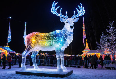 Ice sculpture of a reindeer glistening under colorful spotlights at a winter festivalの素材
