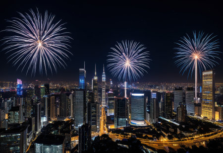 New Year's Eve fireworks display over a city skyline, captured at the stroke of midnightの素材