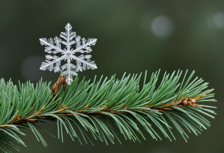 Decorative snowflake landing on the tip of a pine branchの素材