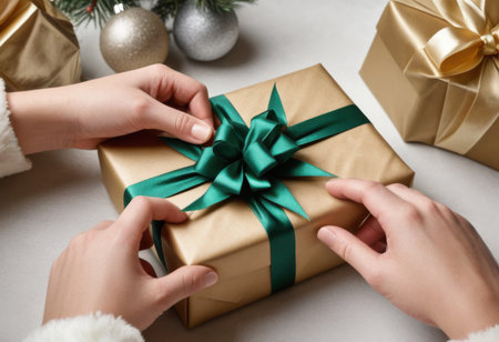 Closeup of hands carefully wrapping a Christmas present with paper and a silk ribbonの素材