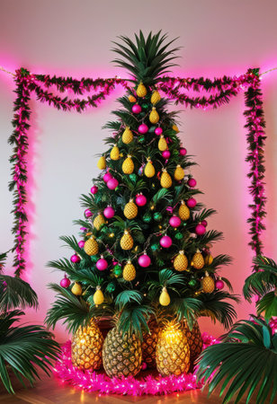 Tropical Christmas tree with pineapple ornaments, palm leaf garlands, and bright pink lightsの素材