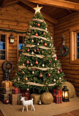 Farm Christmas tree with animals, hay bale accents, and warm lantern lightsの素材