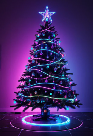 Cyberpunk Christmas tree adorned with neon circuit ornaments, holographic lights, and digital ribbonsの素材