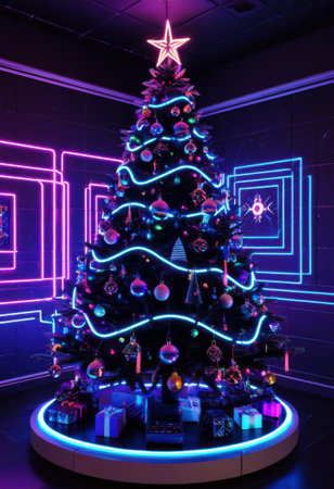 Cyberpunk Christmas tree adorned with neon circuit ornaments, holographic lights, and digital ribbonsの素材