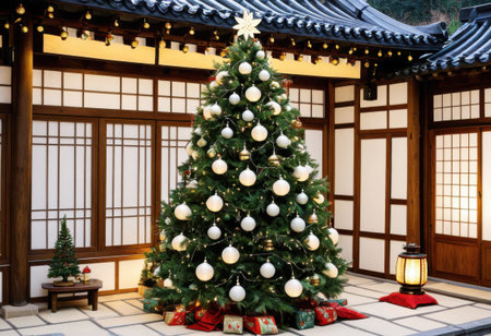 Hanbok-themed Christmas tree with silk hanbok ornaments, jeogori-inspired ribbons, and soft pastel lights evoking traditional Korean attireの素材