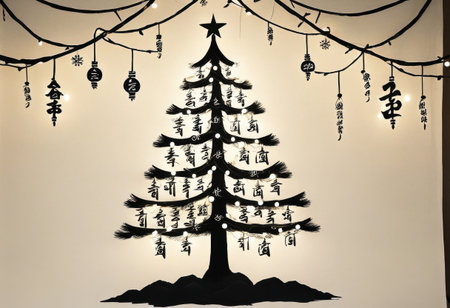 Korean calligraphy Christmas tree featuring hangul script ornaments, inked brushstroke garlands, and soft black ink-inspired lightsの素材