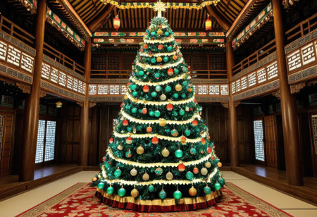 Korean palace Christmas tree with royal norigae ornaments, embroidered silk garlands, and glowing jade lights inspired by Gyeongbokgungの素材