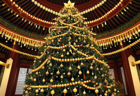 Korean temple Christmas tree adorned with lotus flower ornaments, prayer bead garlands, and golden Buddhist-inspired lightsの素材