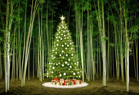 Korean bamboo grove Christmas tree with bamboo shoot ornaments, and misty white lights inspired by a tranquil forestの素材