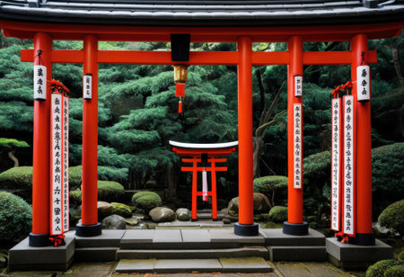 Decorated torii gate in shinto shrine, soft omamori lightsの素材