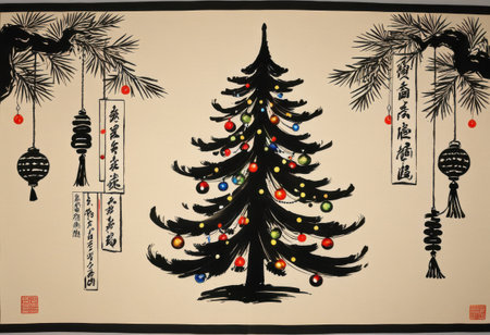 Japanese calligraphy Christmas tree featuring brushstroke ornaments, inked scroll garlandsの素材