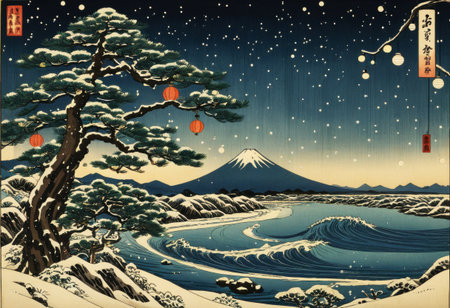 Japanese ukiyo-e Christmas tree with woodblock print ornaments, flowing river, and mount Fuji in the distanceの素材