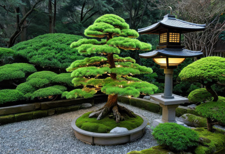 Japanese garden Christmas tree with bonsai tree ornaments, stone lantern, and soft moss-green lightsの素材