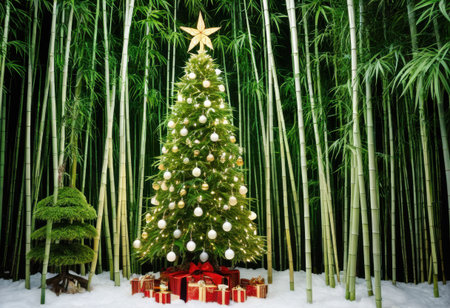 Japanese bamboo forest Christmas tree adorned with bamboo shoots, green leaf garlands, and misty white lightsの素材