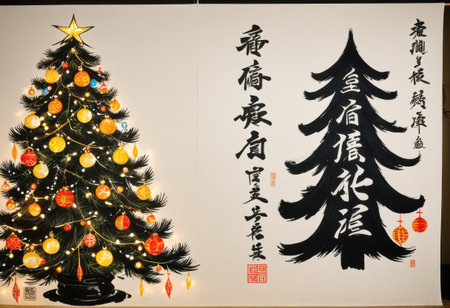 Japanese calligraphy Christmas tree featuring brushstroke ornaments, inked scroll garlandsの素材