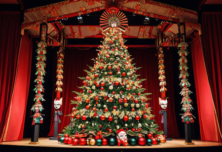 Kabuki theater Christmas tree adorned with dramatic mask ornaments, and vibrant red stage lightsの素材