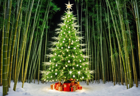 Japanese bamboo forest Christmas tree with bamboo shoots, green leaf garlands, and misty white lightsの素材