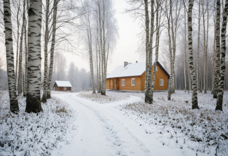 Snowy path through birch forest leading to distant farmhouse, soft focus, dreamy atmosphereの素材