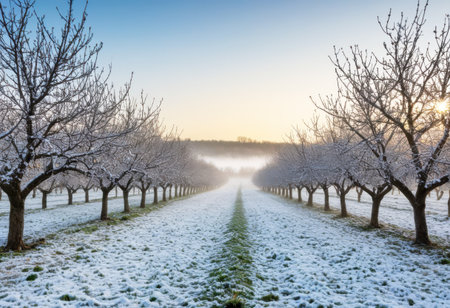 Snowy orchard with bare fruit trees, mist rising at dawn, rural tranquilityの素材