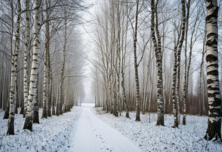 Snowy birch alley in countryside, nasty winter dayの素材