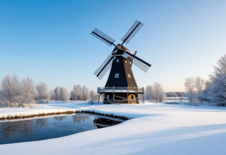 Rural landscape, wooden windmill covered in snow, frozen pond nearby, clear winter afternoonの素材