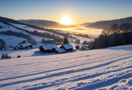 Winter sunrise over snow-blanketed valley, some farmhouses covered with snowの素材