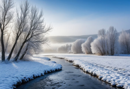 Winter morning in rural valley, snow-laden willows along a river bankの素材