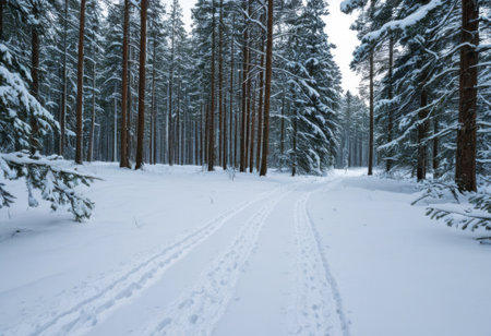Snowy road in winter pine forest with deer tracks in fresh snowの素材