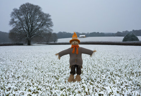 Winter field with scarecrow, knitted hat, overcast winter dayの素材
