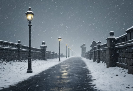 Lampposts in a heavy snowfall on an old Roman road outside a city gateの素材