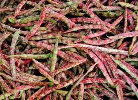 Closeup photo of red and green chili peppers on the market.の写真素材
