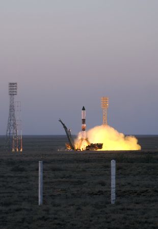 BAIKONUR, KAZAKHSTAN, 30th OF JUNE, 2010. Russian Progress cargo spacecraft launch from Baikonur cosmodrome to deliver cargos and payloads to the International Space Station.のeditorial素材