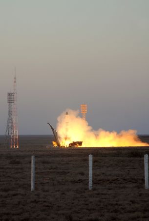 BAIKONUR, KAZAKHSTAN, 30th OF JUNE, 2010. Russian Progress cargo spacecraft launch from Baikonur cosmodrome to deliver cargos and payloads to the International Space Station.のeditorial素材