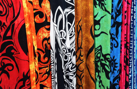 Closeup image of bright fabrics at the store in Greece