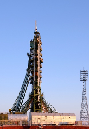 BAIKONUR, KAZAKHSTAN - DECEMBER 21: Soyuz spacecraft on the launch pad December 21, 2011 at Baikonur cosmodrome, Kazakhstanのeditorial素材