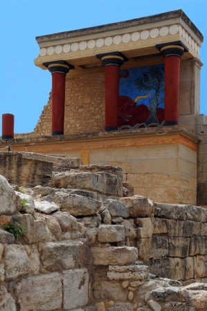 North entrance of Knossos Palace with bull fresco in Crete island outside Heraklion in Greeceのeditorial素材