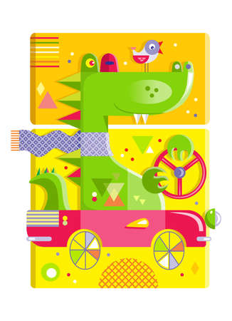 Cheerful green crocodile in a scarf with a bird on his nose rides a red retro carのイラスト素材