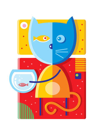 Multicolored cute geometric cat with fish in aquariumのイラスト素材