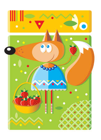 Cute redhead fox in a skirt with a basket of strawberries on the green grassのイラスト素材